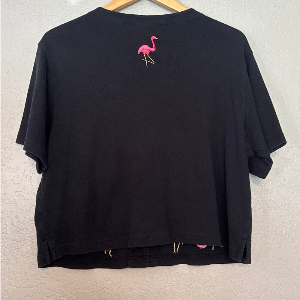 Vintage Short Sleeve Embroidered Flamingos Cardigan Womens Large Black Pink - Picture 4 of 8